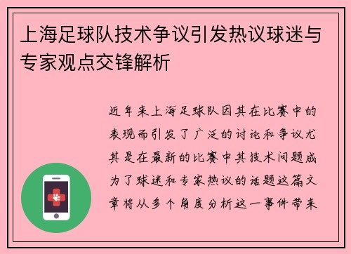 上海足球队技术争议引发热议球迷与专家观点交锋解析